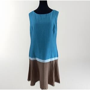 VTG 90s Mik Mak Italian Linen Colorblock Dress – 42 Turquoise & Brown Contrast